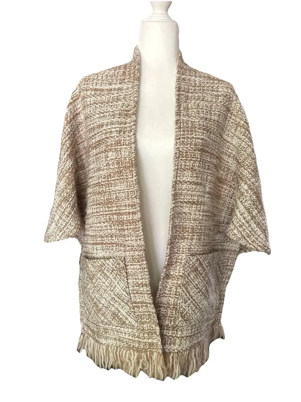 Boyne Vallley Weavers Shawl Handcrafted Ireland Women Brown Woven Fringe Pocket